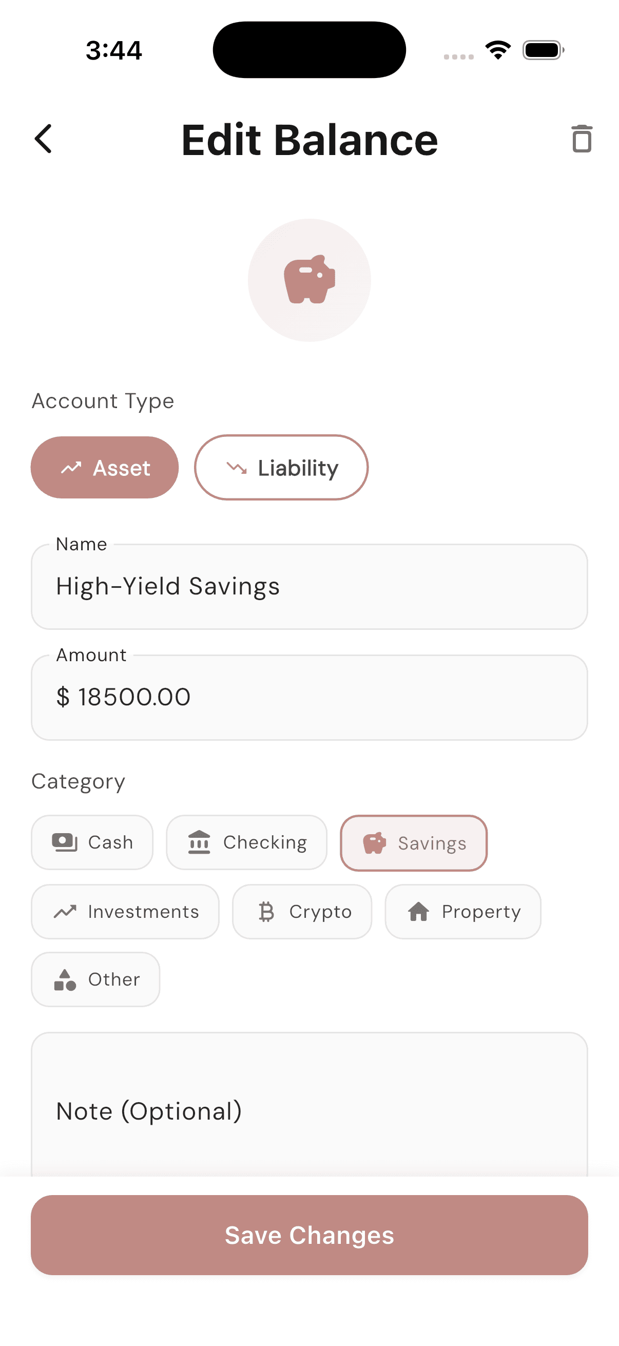 CustomWorth edit balance screen with account type, category, and amount fields
