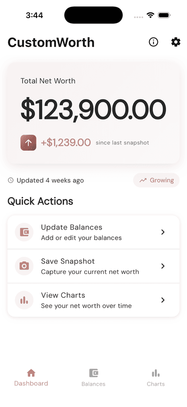 CustomWorth dashboard showing total net worth with trend indicator