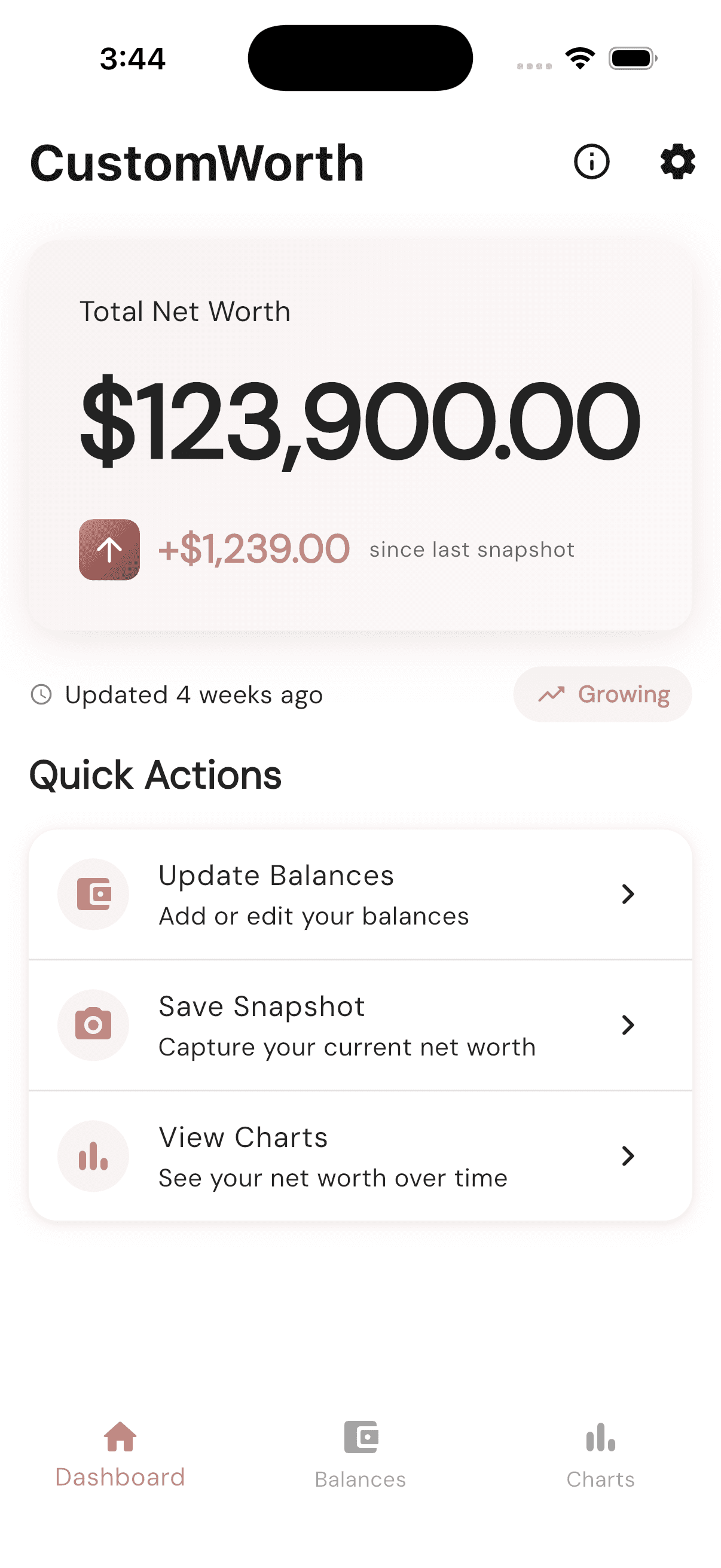 CustomWorth dashboard showing total net worth with trend indicator and quick actions